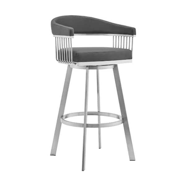 Benjara 25 in. Gray and Silver Low Back Metal Frame Barstool with Faux Leather Seat