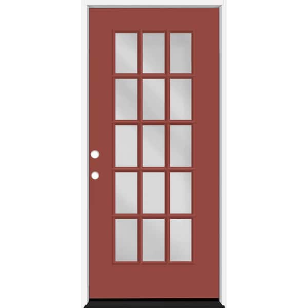 Steves & Sons Reliant 36 in. x 80 in. Full Lite 15L SDL Clear Glass RHIS Morocco Red Finish Fiberglass Prehung Front Door 6-9/16 Jamb