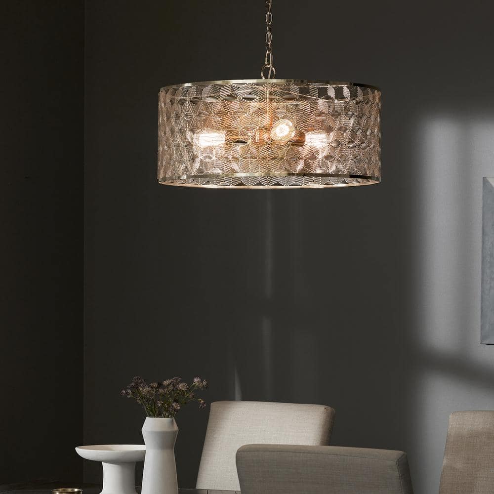 Elegant Polished Gold 25.5" Drum Chandelier with Geometric Cutouts