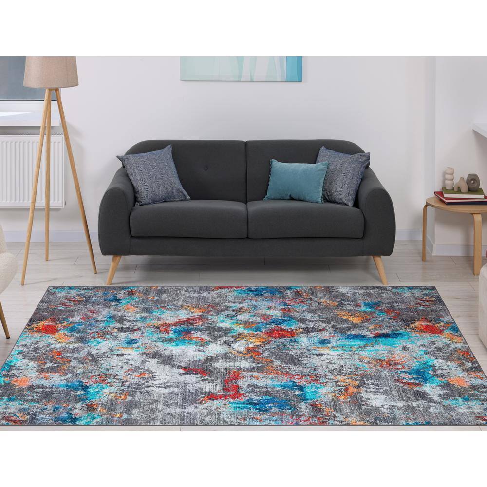 Ocean Breeze Blue and Gray Synthetic 5' x 7' Washable Area Rug