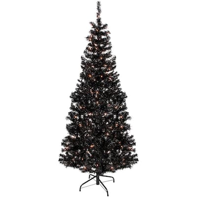 4 ft. Black Pre-Lit Tinsel Artificial Christmas Tree with 70 Clear Lights