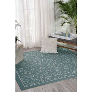 Home & Garden Light Blue 9 ft. x 9 ft. Bordered Transitional Indoor/Outdoor Square Area Rug