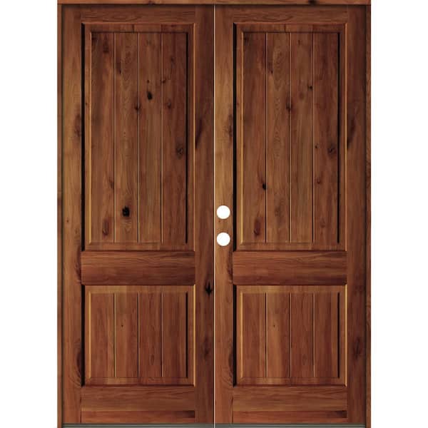 Krosswood Doors 72 in. x 96 in. Rustic Knotty Alder Square Top Red Chestnut Stain/V-Groove Right-Hand Wood Double Prehung Front Door