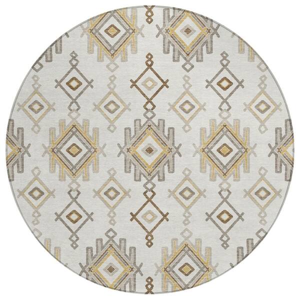 Chantille Machine Washable Indoor/Outdoor Abstract ACN3042 Ivory 8 ft. x 8 ft. Round Rug