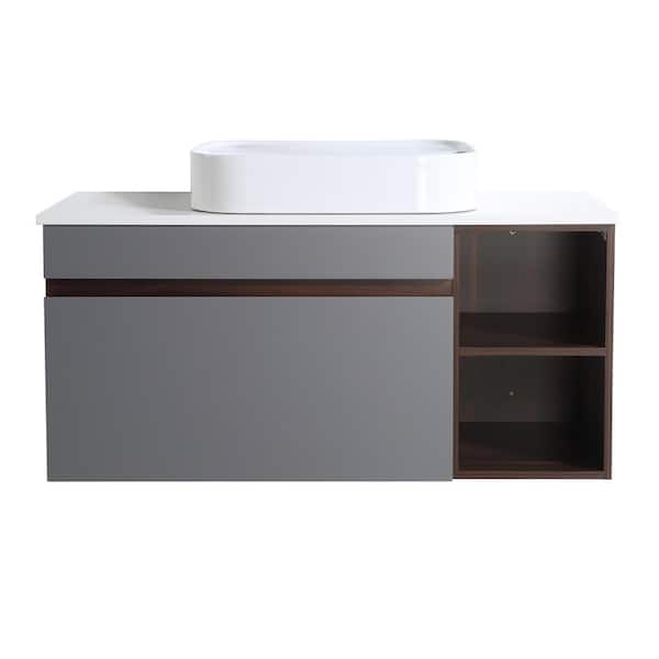 VANITYFUS 42 in. W x 18 in. D x 19 in. H Bath Vanity in Rock Grey, with White Engineered Stone Top and Single Ceramic Sink
