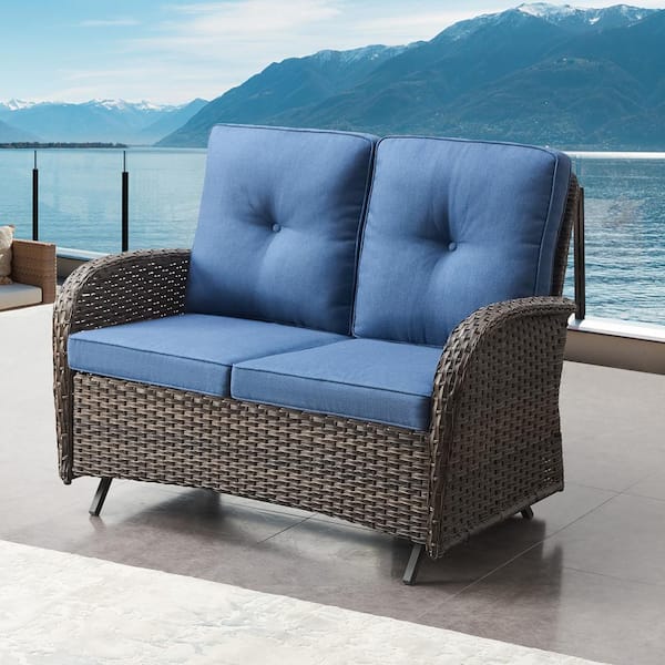 2-Person Wicker Patio Outdoor Glider with CushionGuard Blue Cushions