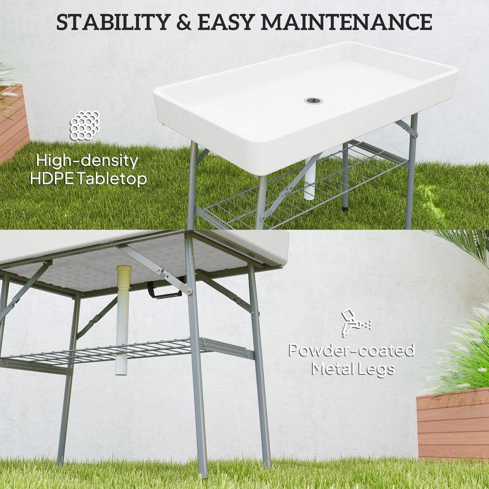 White Folding Steel Ice Cooler Table with Drain and Storage Shelf