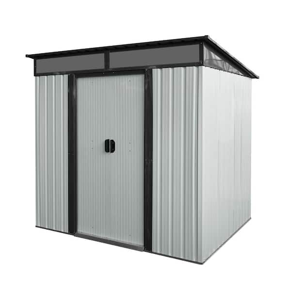 6ft x 5ft White and Black Outdoor Metal Storage Shed with Lockable Sliding Doors and Transparent plate for Garden