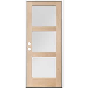 36 in. x 80 in. Modern Douglas Fir 3-Lite Right-Hand/Inswing Frosted Glass Unfinished Wood Prehung Front Door