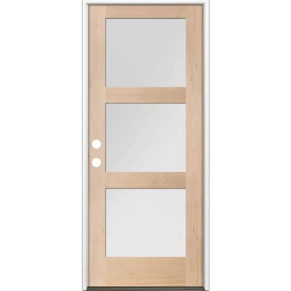 36 in. x 80 in. Modern Hemlock 3-Lite Right-Hand/Inswing Frosted Glass Unfinished Wood Prehung Front Door