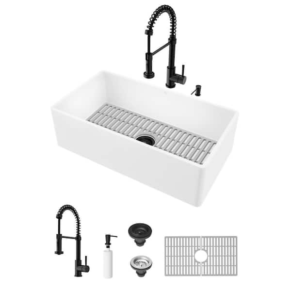 VIGO Matte Stone 33" Single Bowl Farmhouse Apron Front Undermount Kitchen Sink with Faucet in Matte Black and Accessories