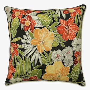 Floral Black Square Outdoor Square Throw Pillow