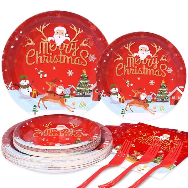 24-Piece Christmas Party Plates Set, Red and Gold Foil Design, Elk and Snow Pattern, Disposable Paper Plates and Napkins