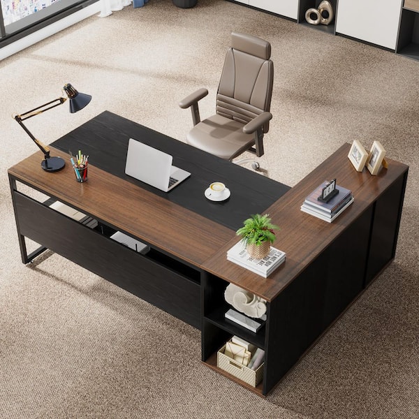 Lanit 71 in. L-Shaped Black Engineered Wood Office Computer Executive Desk Large Workstation Business Set Cabinet