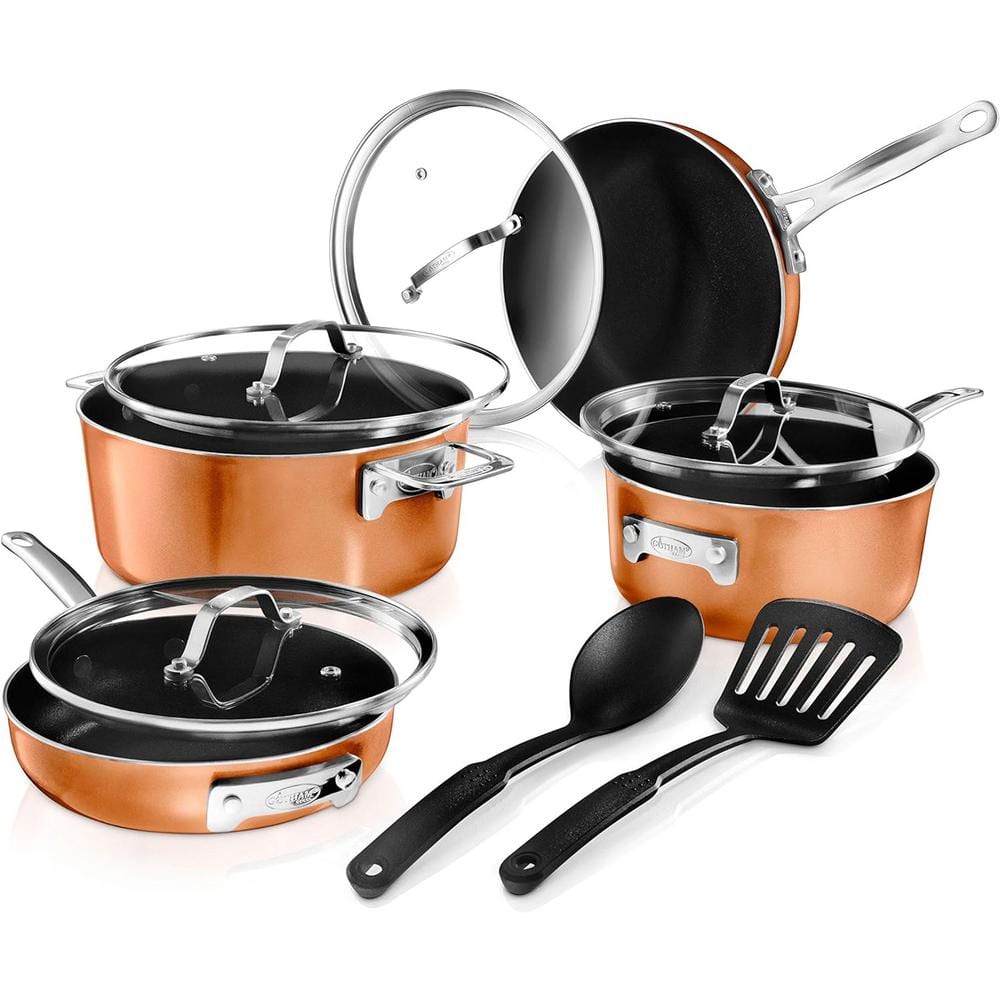Gotham Steel 7 Piece Stackable Stackmaster Cookware Set – Cast Iron Black  Interior Copper Exterior Pans and Pots Set, Steamer and Frying Basket,  Ultra