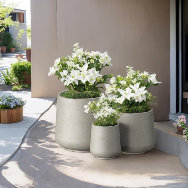 Sapcrete 15.5 in., 12 in., 8.5 in. Dia Light Gray Large Tall Round Concrete Plant Pot / Planter for Indoor and Outdoor Set of 3