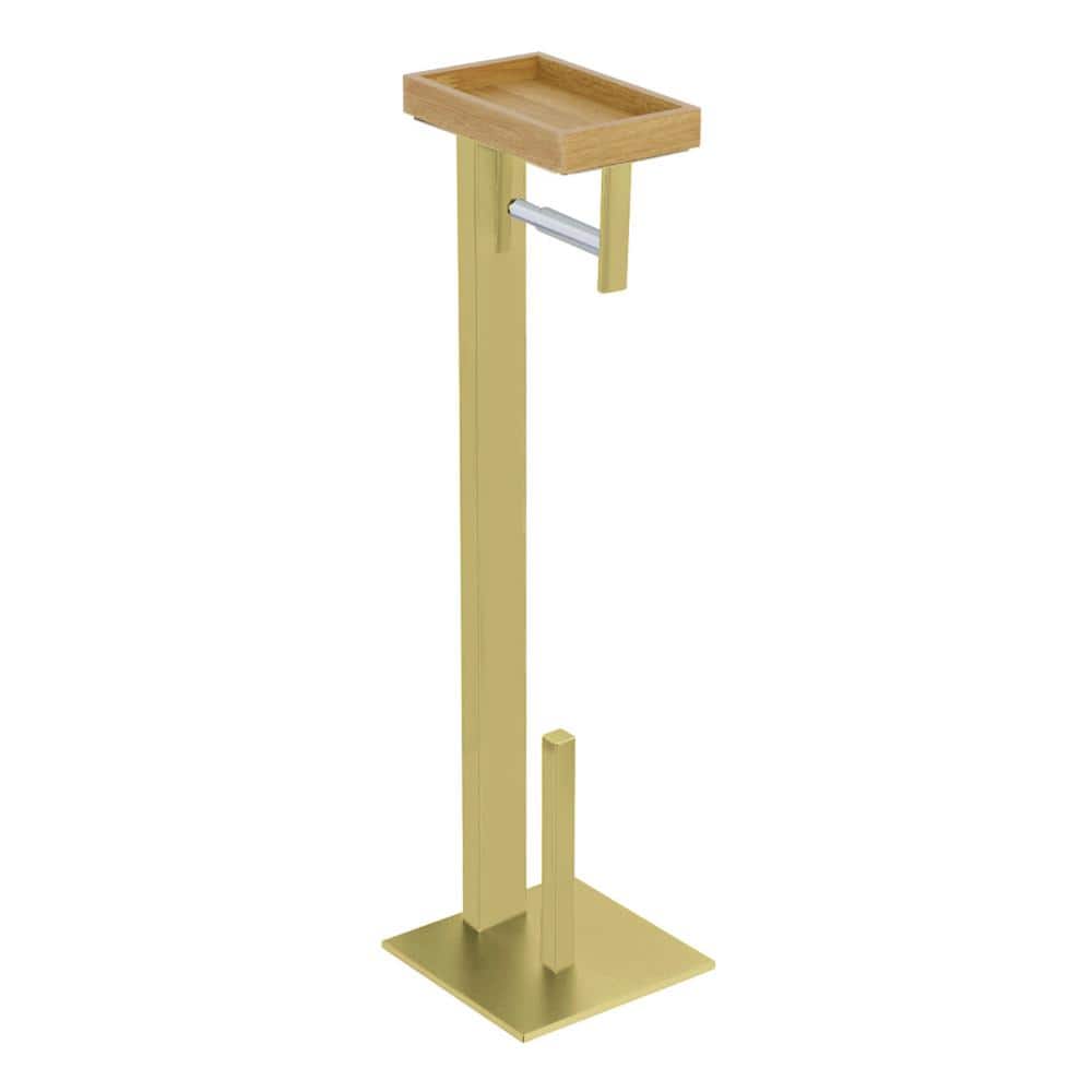 Brushed Brass Freestanding Toilet Paper Holder with Storage Shelf