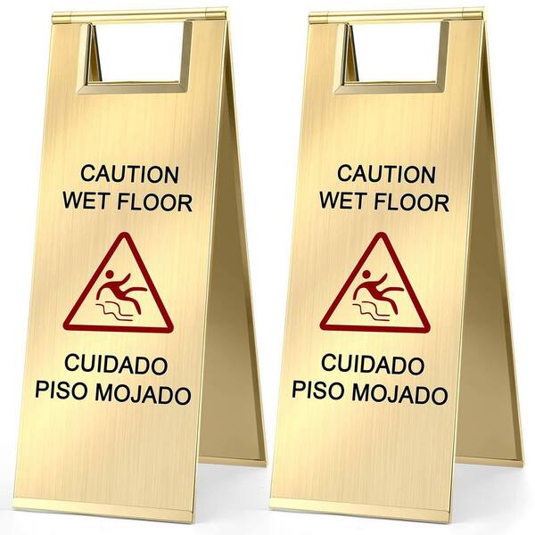 2 Pack 24 Inch Stainless Steel Double Sided Bilingual Portable Foldable Wet Floor Safety Warning Sign Gold