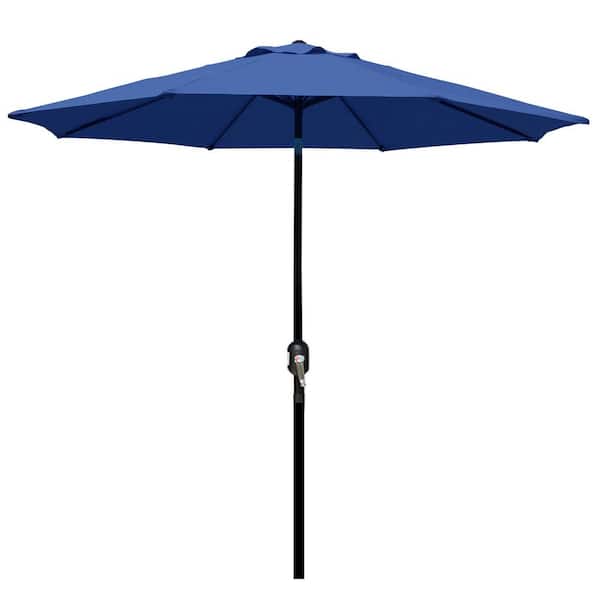 9 ft. Iron Cantilever Market Patio Umbrella, Outdoor Table Umbrella with 8 Sturdy Ribs, Push Button Tilt, Crank in Blue