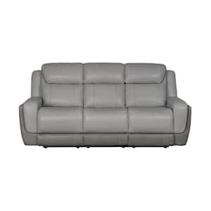Rosalyn 87 in. Dropdown Console Straight Arm Leather Power Reclining Sofa in Silver and Gray