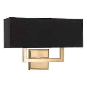 Haven 60-Watt 2-Light Cool Brass Contemporary Wall Sconce with Black Shade, No Bulb Included