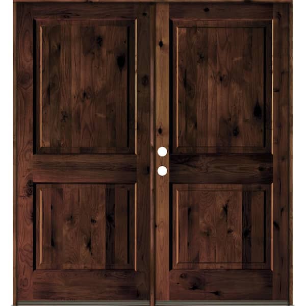 Krosswood Doors 72 in. x 80 in. Rustic Knotty Alder 2-Panel Square Top Red Mahogony Stain Right-Hand Wood Double Prehung Front Door