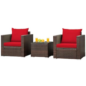 3-Piece Wicker Patio Conversation Set Rattan Furniture Set with Red Cushions