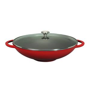 16 in. Red French Enameled Cast Iron Wok with Glass Lid