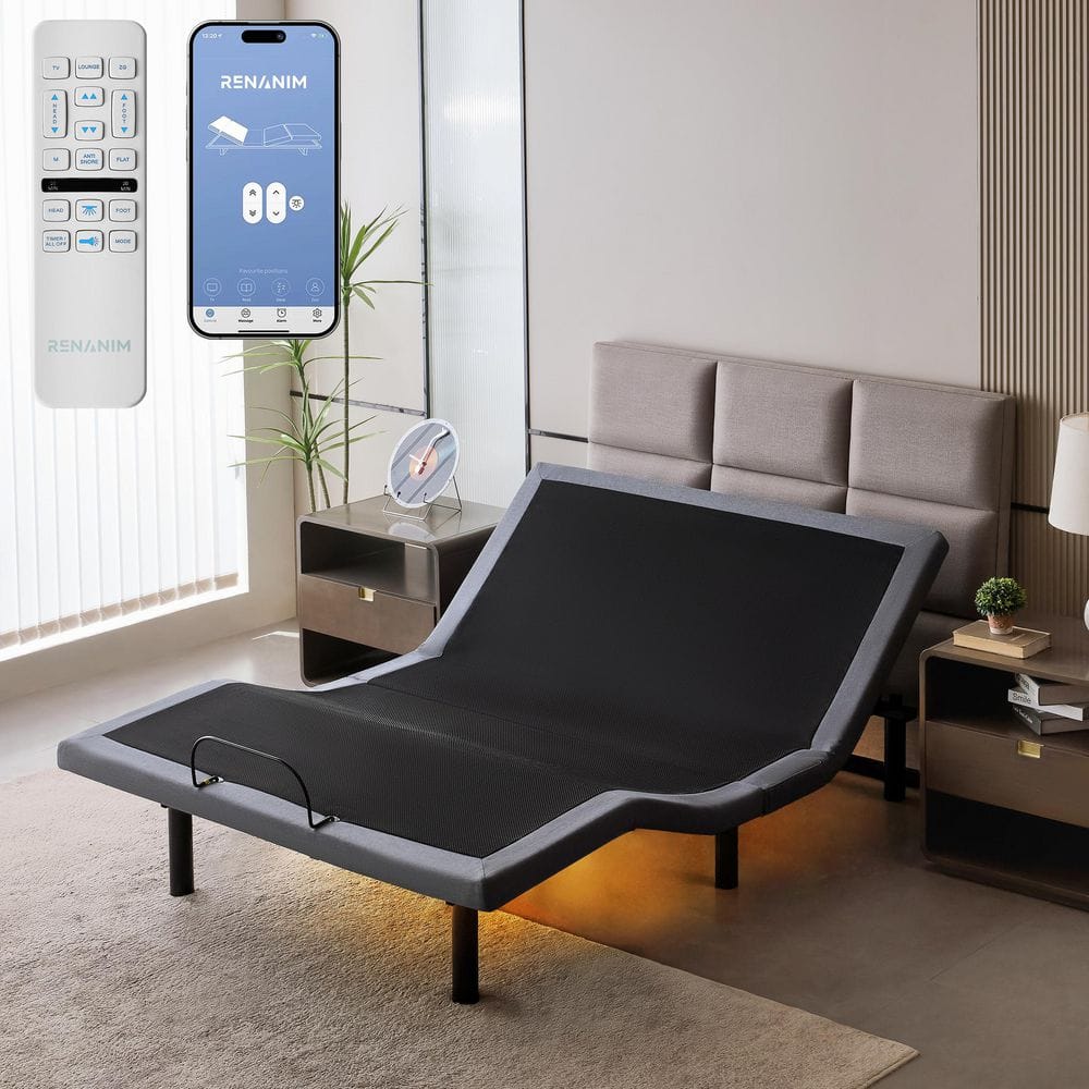 Renanim Adjustable Bed Base with Dual Massage - USB, Under Bed Light, Zero Gravity, App Control, Head and Foot Incline - Full, image size:1000x1000