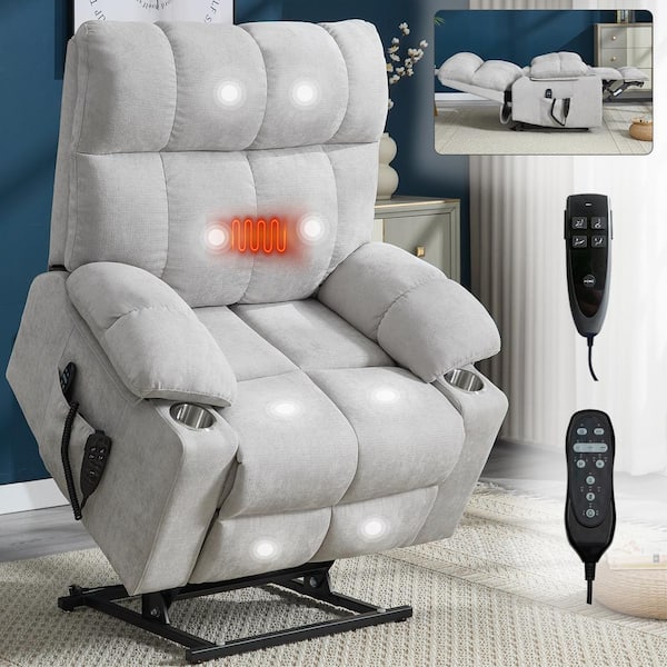 White Premium Dual Motor Chenille Power Lift Recliner with Massage and Heat, 2-Cup Holders, 350 lbs.