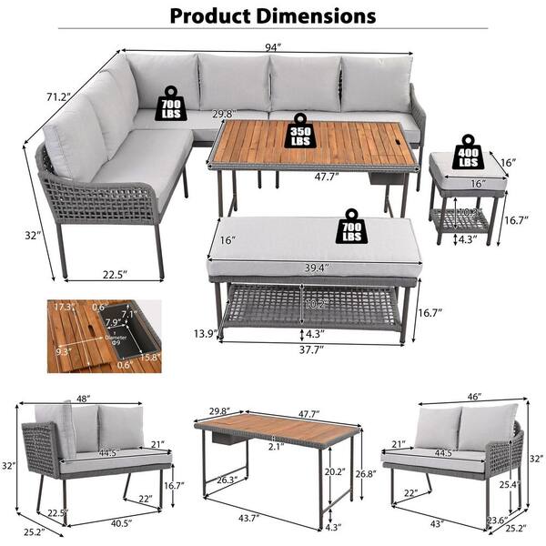 6-Piece L-Shaped Outdoor Sectional Set with Grey Cushions and