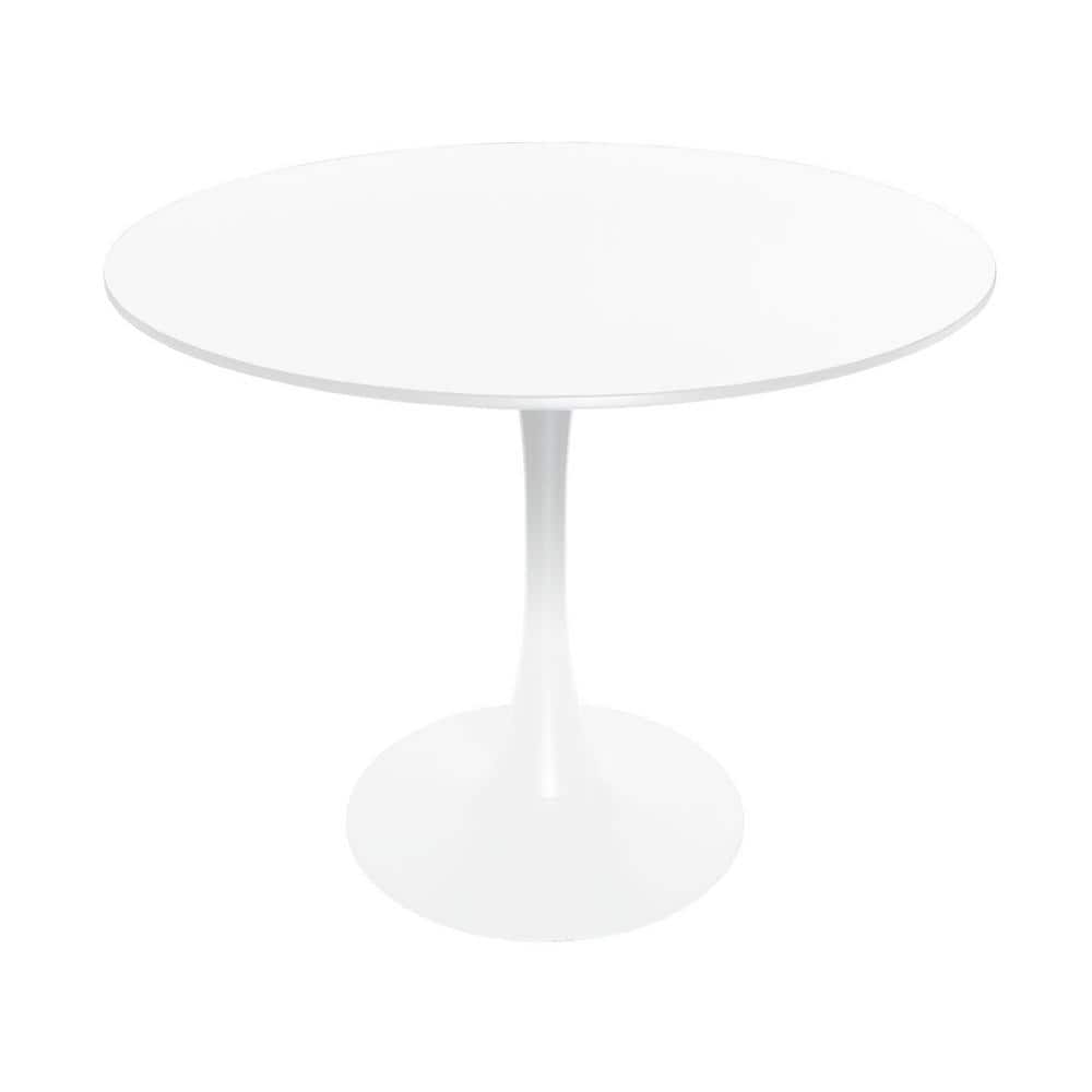 White Mid-Century Modern Round Dining Table with Wood Top