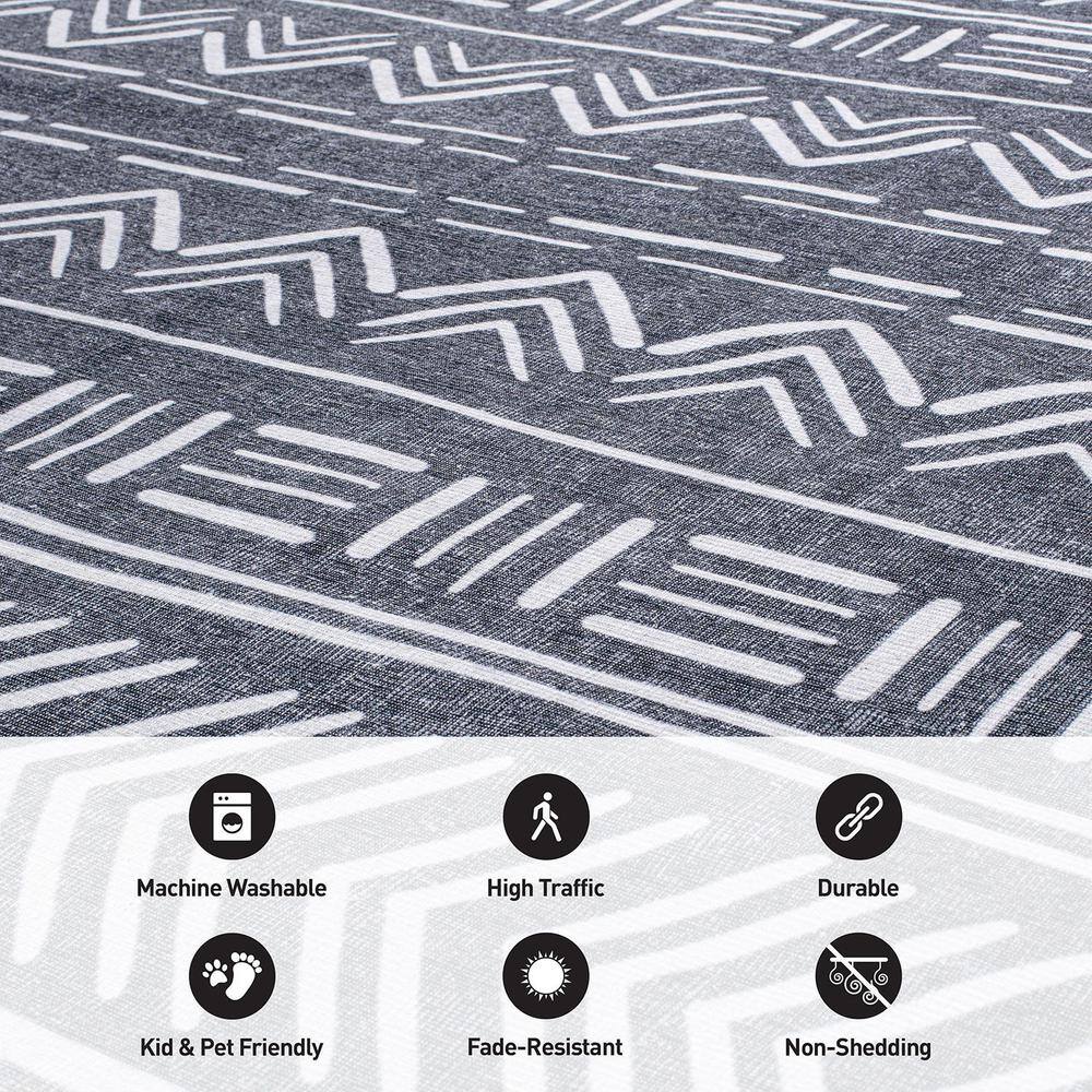 Dark Gray Geometric Flat Woven Machine Washable Area Rug