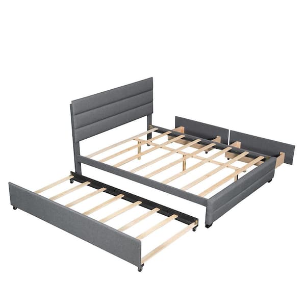 URTR Gray Wood Frame Upholstered Queen Size Platform Bed with Trundle and Two Storage Drawers for Kids Teens, Adults