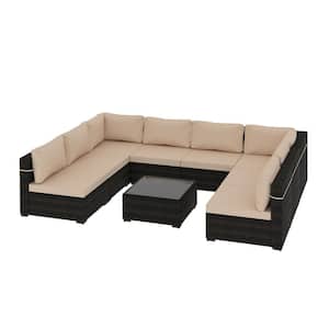 Brown 9-Pieces PE Rattan Wicker Patio Conversation Set Furniture Set with Coffee Table for Deck, Backyard, Lawn, Beige