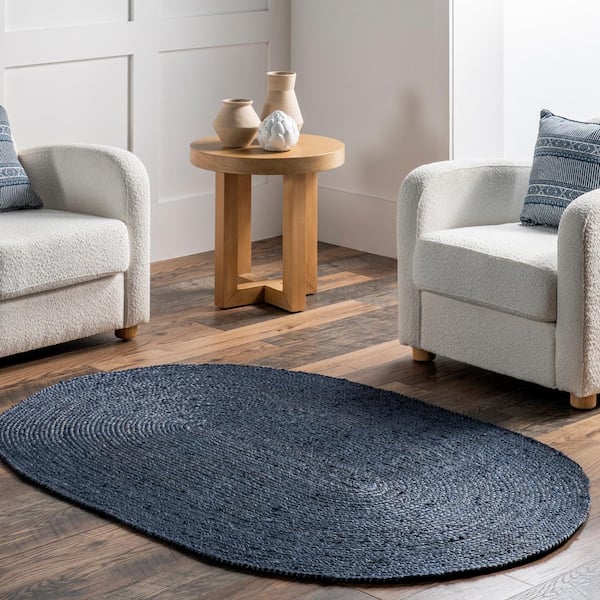 Rigo Chunky Loop Jute Navy Doormat 3 ft. x 5 ft. Indoor Oval Area Rug