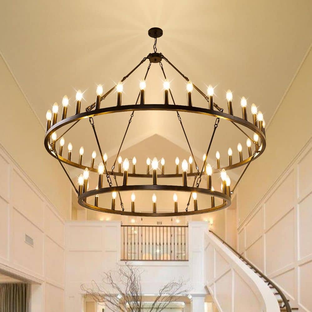 60 in. 54-Light 2-Tier Black Extra Large Farmhouse Wagon Wheel Loft Retro Round Chandelier for Living Room Foyer Bar price history on PriceWatchPro