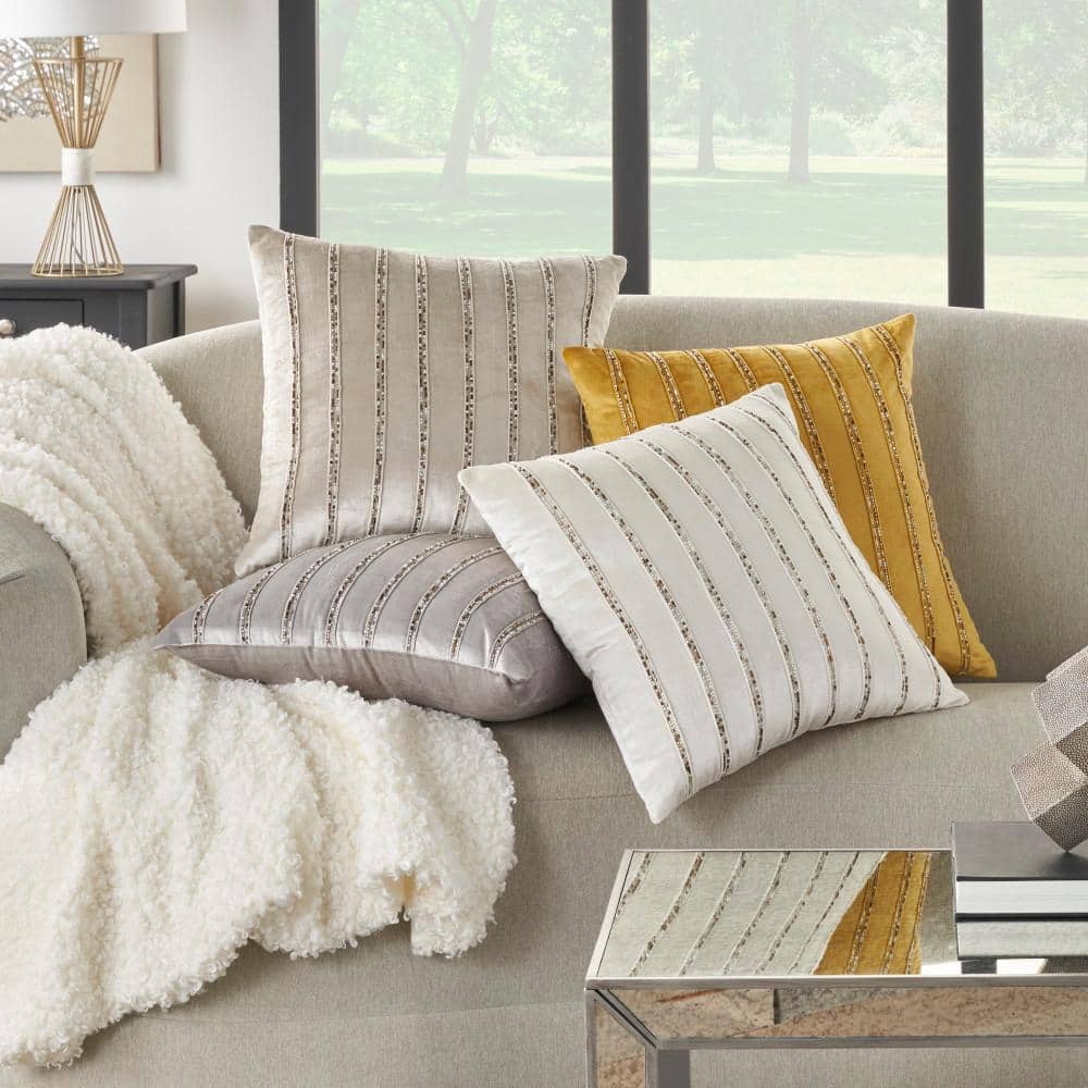 20" Light Gray Velvet Beaded Striped Square Throw Pillow
