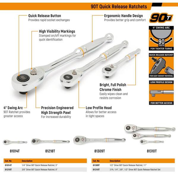 GEARWRENCH 1/2 in. Drive 90-Tooth Quick Release Teardrop Ratchet 