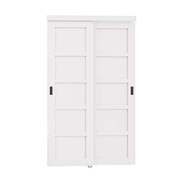 48 in. x 80 in. Paneled 5-Lite Blank Pattern White Primed MDF Require Assemble Sliding Door with Hardware Kit