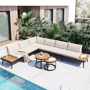 6-Piece Metal Frame Outdoor Sectional Sofa Set with Round Nesting Coffee Tables and Beige Cushions