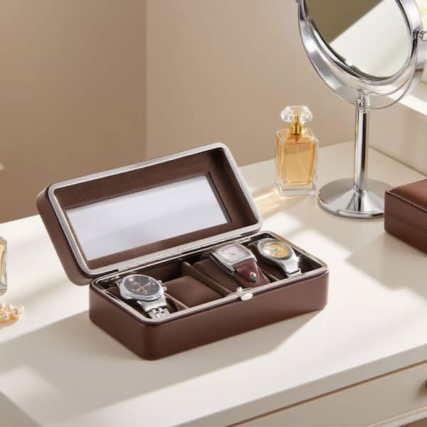 4-Slot Brown Watch Display Case, 8 in. Long Tempered Glass and Leather Storage Box