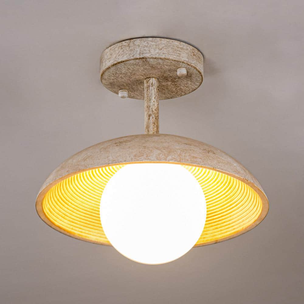 White Glass and Wood Farmhouse Semi-Flush Mount Light