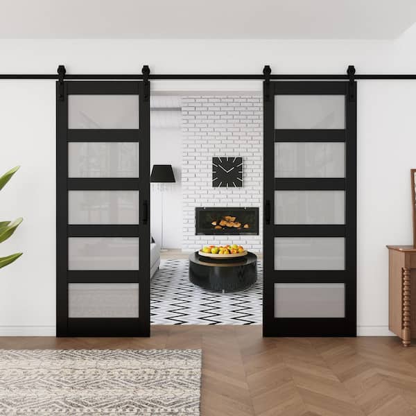60 in. x 84 in. 5-Lite Tempered Frosted Glass Black Finished MDF Sliding Barn Door with Hardware Kit and Soft Close