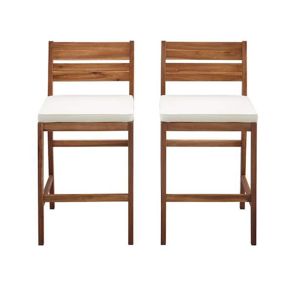 Welwick Designs Brown Acacia Wood Patio Outdoor Bar Stools with White Cushions (2-Pack)