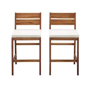 Brown Acacia Wood Patio Outdoor Bar Stools with White Cushions (2-Pack)