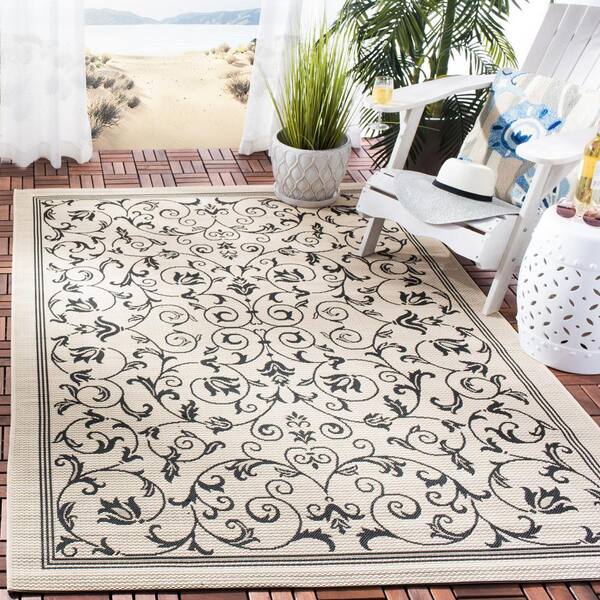 Courtyard Sand/Black 8 ft. x 8 ft. Square Border Indoor/Outdoor Patio  Area Rug
