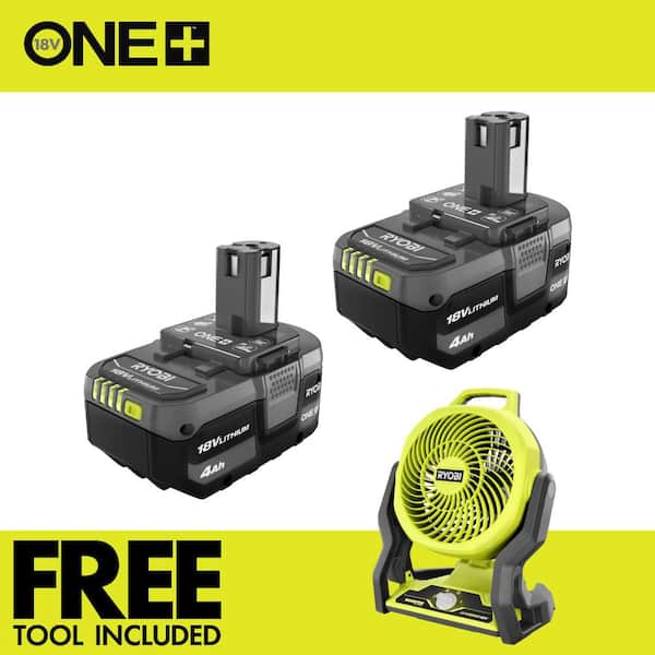 ONE+ 18V Lithium-Ion 4.0 Ah Battery (2-Pack) with FREE 18V ONE+ Cordless Hybrid WHISPER SERIES 7 1/2 in. Fan