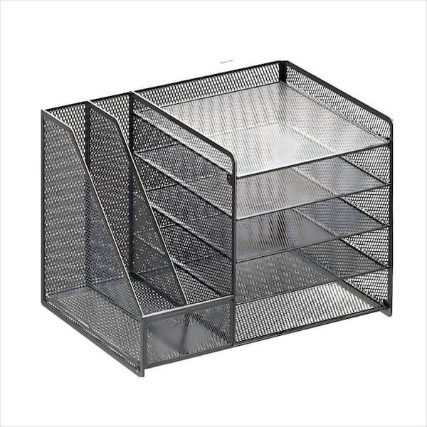 12 in. x 11 in. Desk Organizer with File Holder, 5-Tier Paper Letter Tray Organizer with Drawer and 2 Pen Holder, Grey