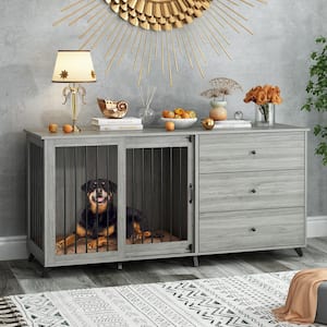 Wooden Large Dog Crate Furniture Style Storage Cabinet, Heavy-Duty Dog Kennel with 3-Drawers for Large Medium Dogs, Gray